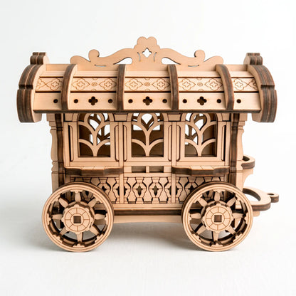 A detailed side view of a fully assembled unpainted laser-cut plywood fairy cart model displayed on a clean white background.