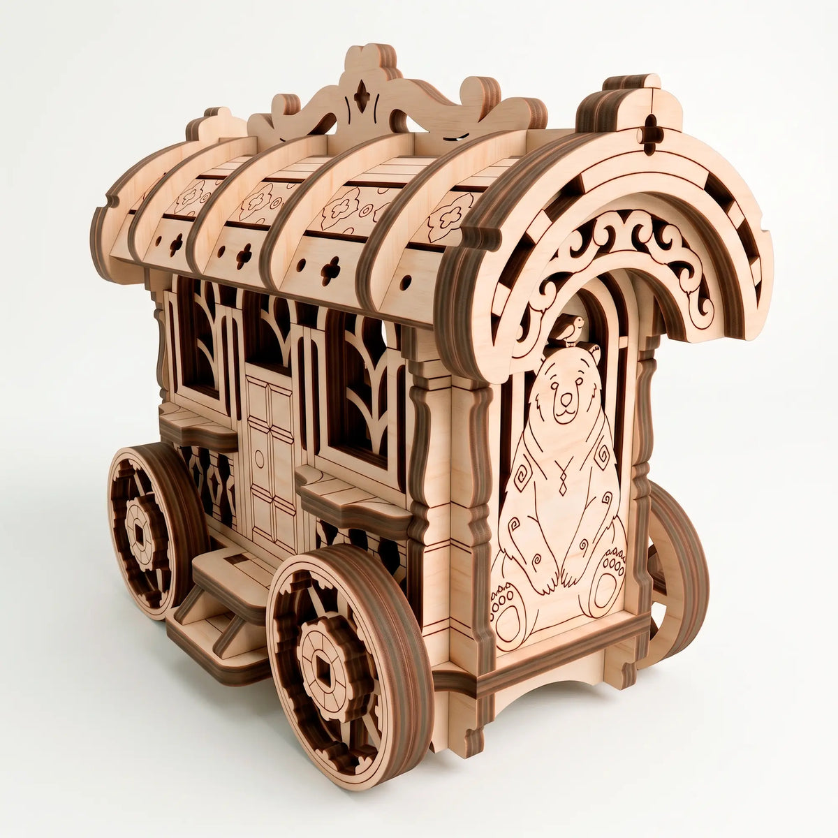 An unpainted natural laser-cut plywood fairy cart showing a detailed engraved illustration of a cute bear with a little bird