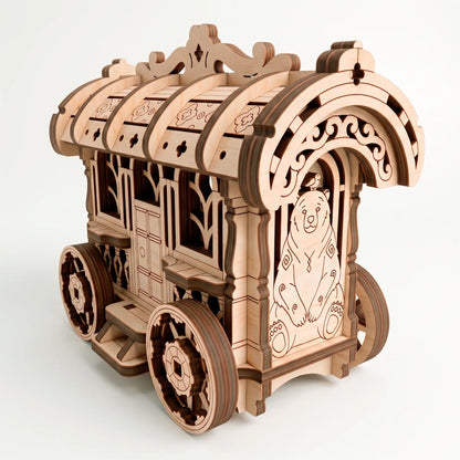 An unpainted natural laser-cut plywood fairy cart showing a detailed engraved illustration of a cute bear with a little bird