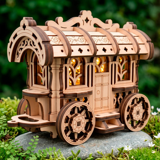 A glowing illuminated laser-cut plywood fairy cart model placed on a stone surrounded by green plants outdoors