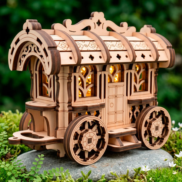A glowing illuminated laser-cut plywood fairy cart model placed on a stone surrounded by green plants outdoors