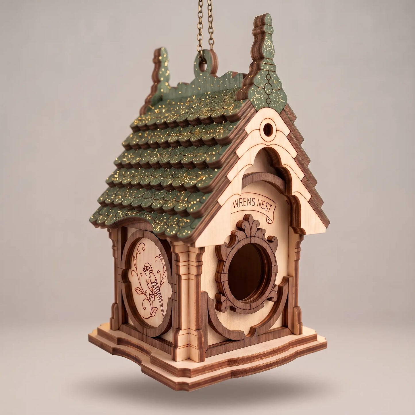A decorative wooden laser cut birdhouse with a hanging chain, featuring a green glittery tiled roof