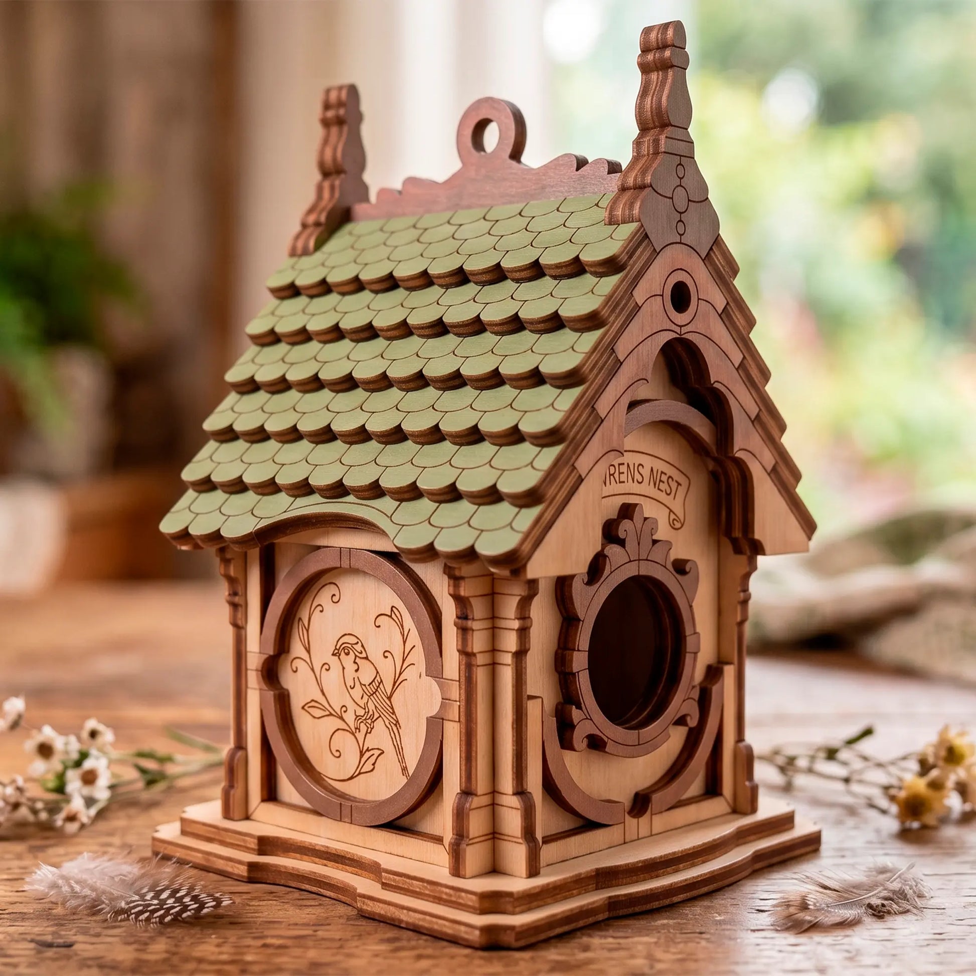 A detailed laser-cut plywood birdhouse featuring a green shingled roof, round entrance hole, and decorative engraved panels