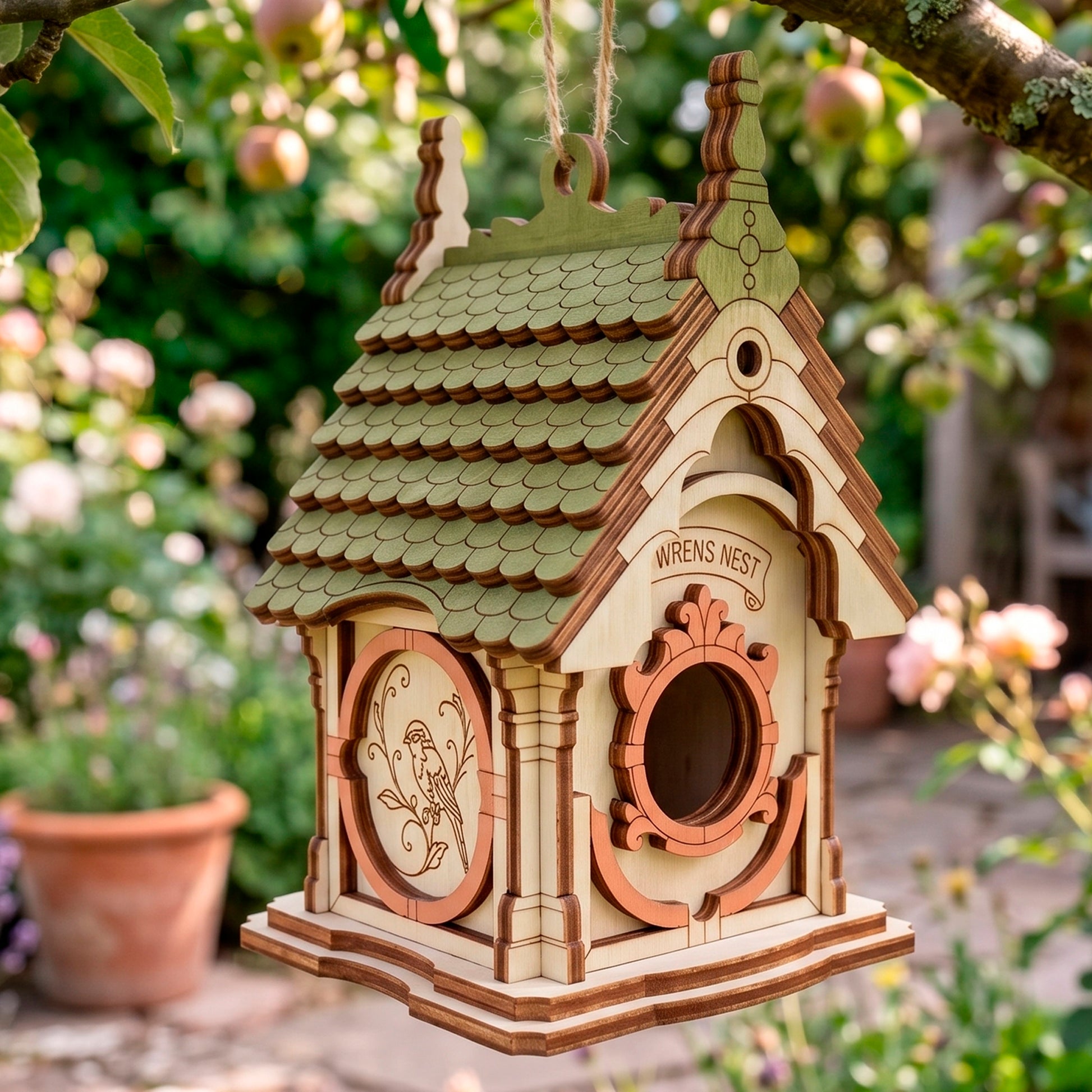 A hanging laser-cut plywood birdhouse with a green shingled roof and decorative engravings, suspended in a lush green garden.