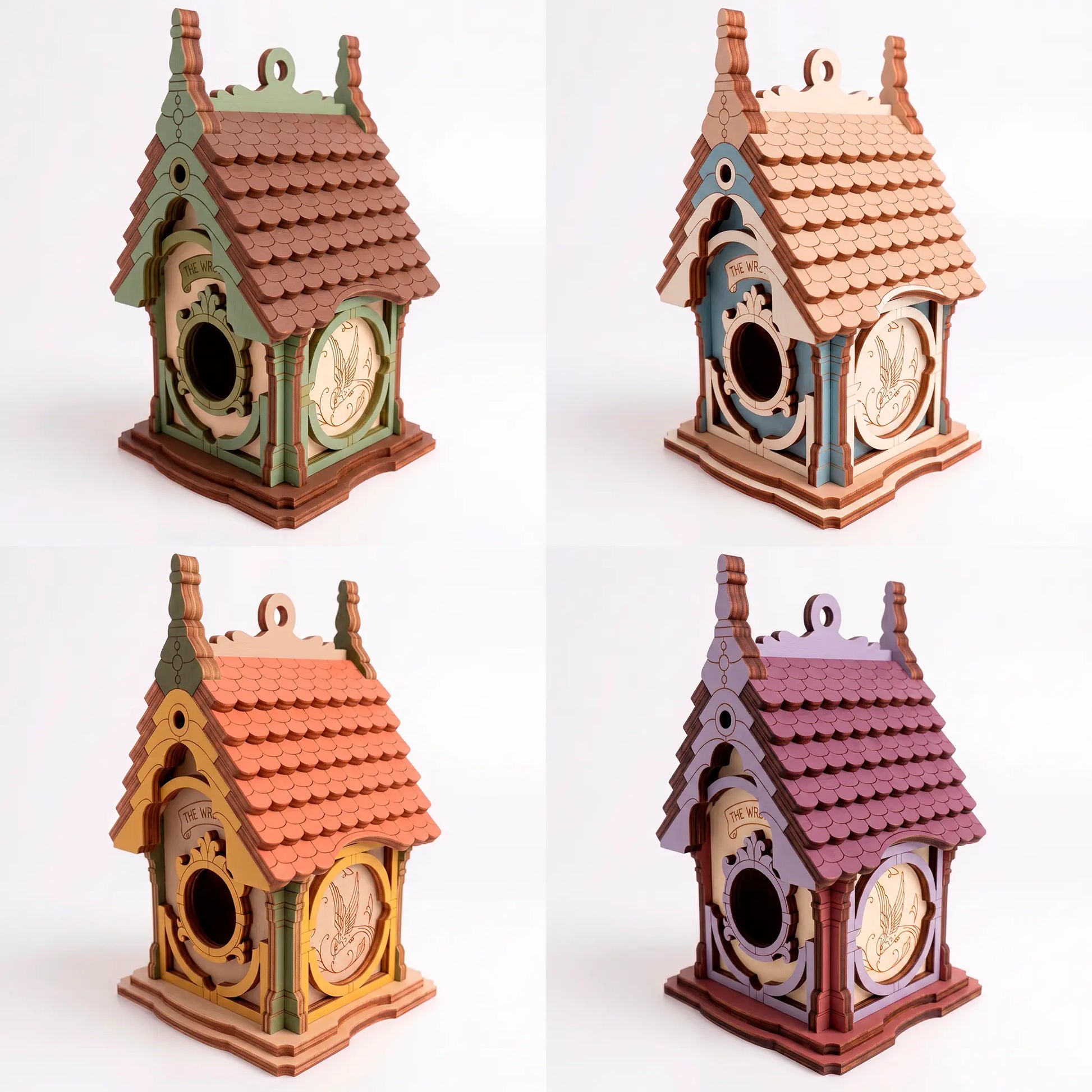 Four distinct variations of painted laser-cut plywood birdhouses in green, blue, orange, and purple displayed in a grid.