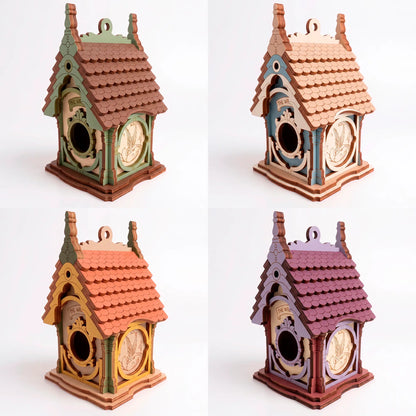 Four distinct variations of painted laser-cut plywood birdhouses in green, blue, orange, and purple displayed in a grid.