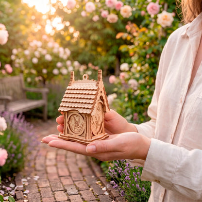 A person carefully holding a small natural laser-cut plywood birdhouse in their open hands in a blooming garden at sunset.