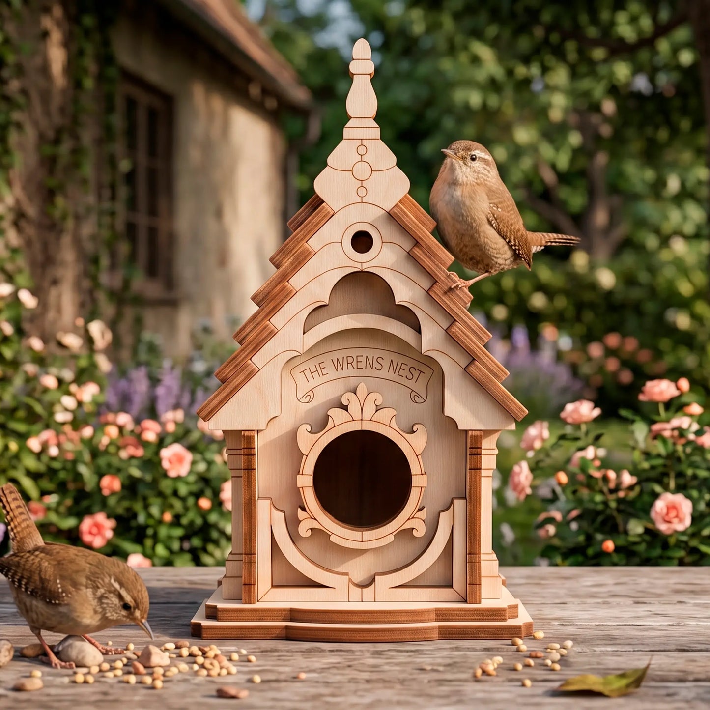 A natural laser-cut plywood birdhouse placed on a wooden table with live wrens eating seeds in a sunny garden background.