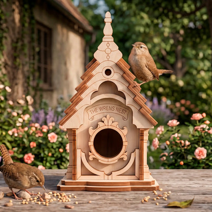 A natural laser-cut plywood birdhouse placed on a wooden table with live wrens eating seeds in a sunny garden background.