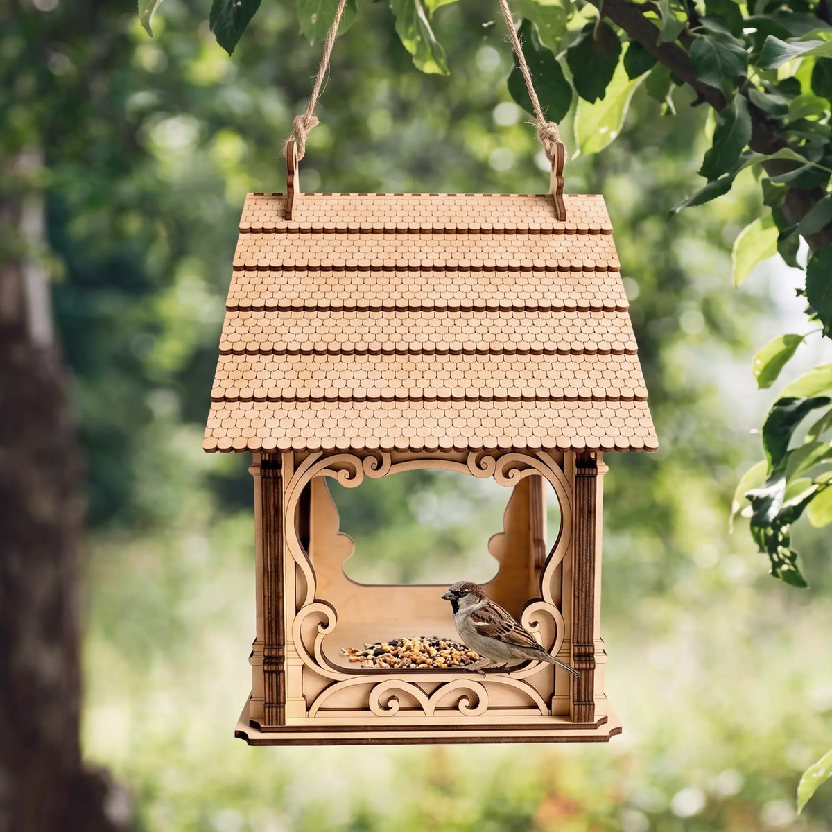 Small sparrow perches inside a hanging laser cut plywood bird feeder with shingled roof among garden greenery