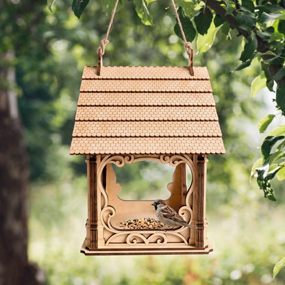 Small sparrow perches inside a hanging laser cut plywood bird feeder with shingled roof among garden greenery