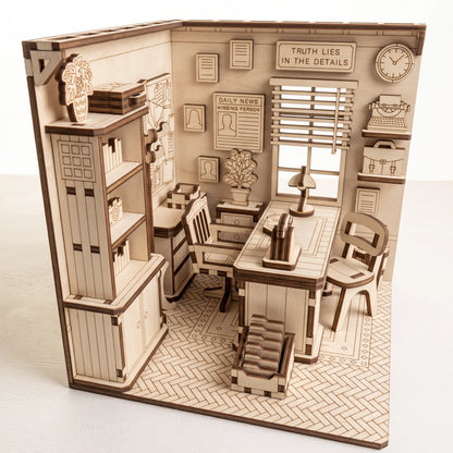 Top angle view of laser cut plywood detective office book nook showing parquet floor, office desk, and wall evidence board.