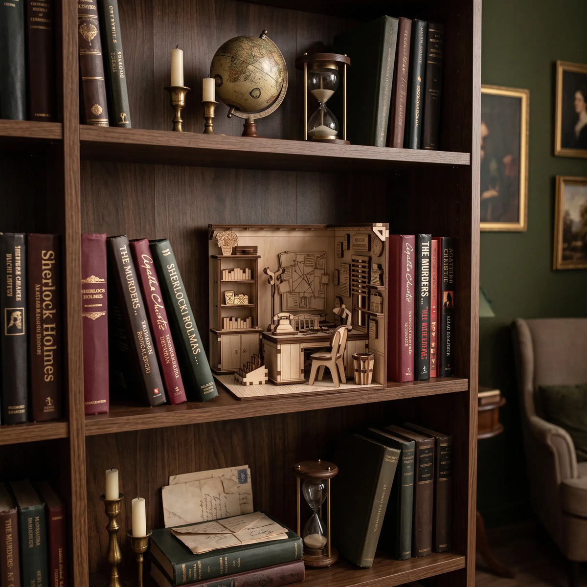 Laser cut plywood detective office book nook standing on wooden bookshelf among classic novels, hourglass, and brass candles.