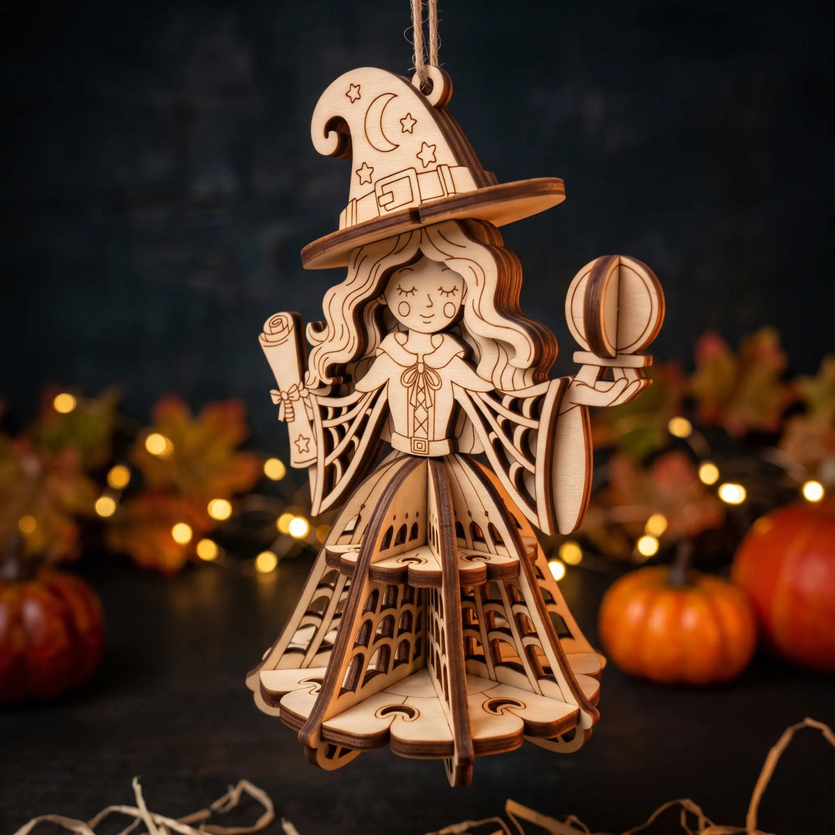 Hanging laser cut plywood witch ornament with fairy lights, autumn leaves, and pumpkins on dark base.