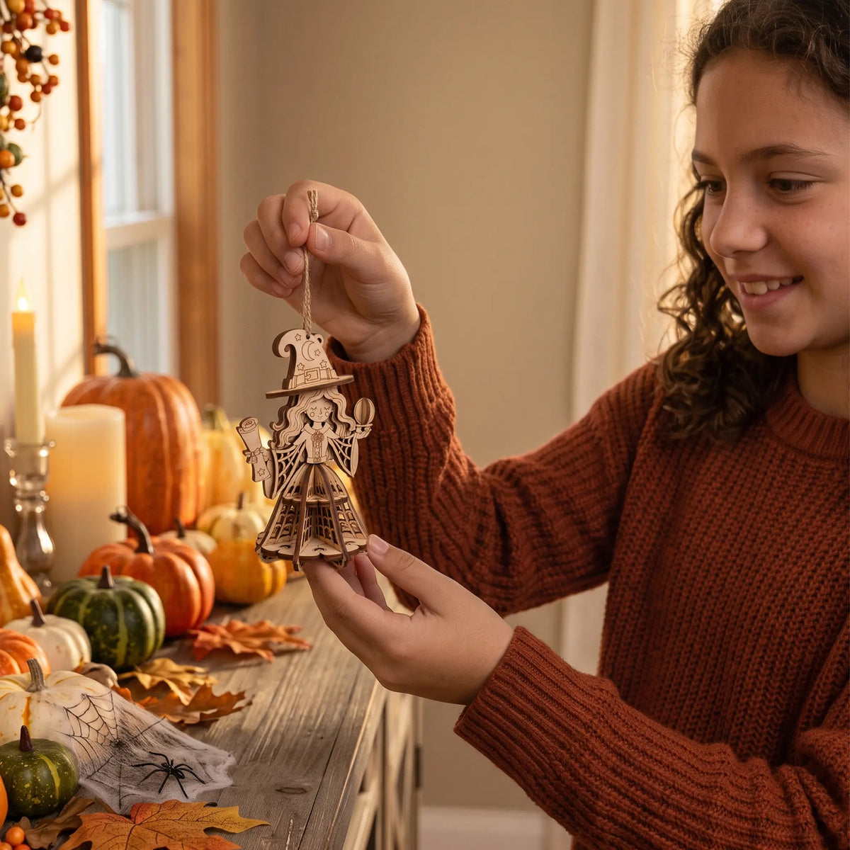 Girl holding laser cut plywood witch ornament by twine above festive pumpkins and autumn decor shelf.