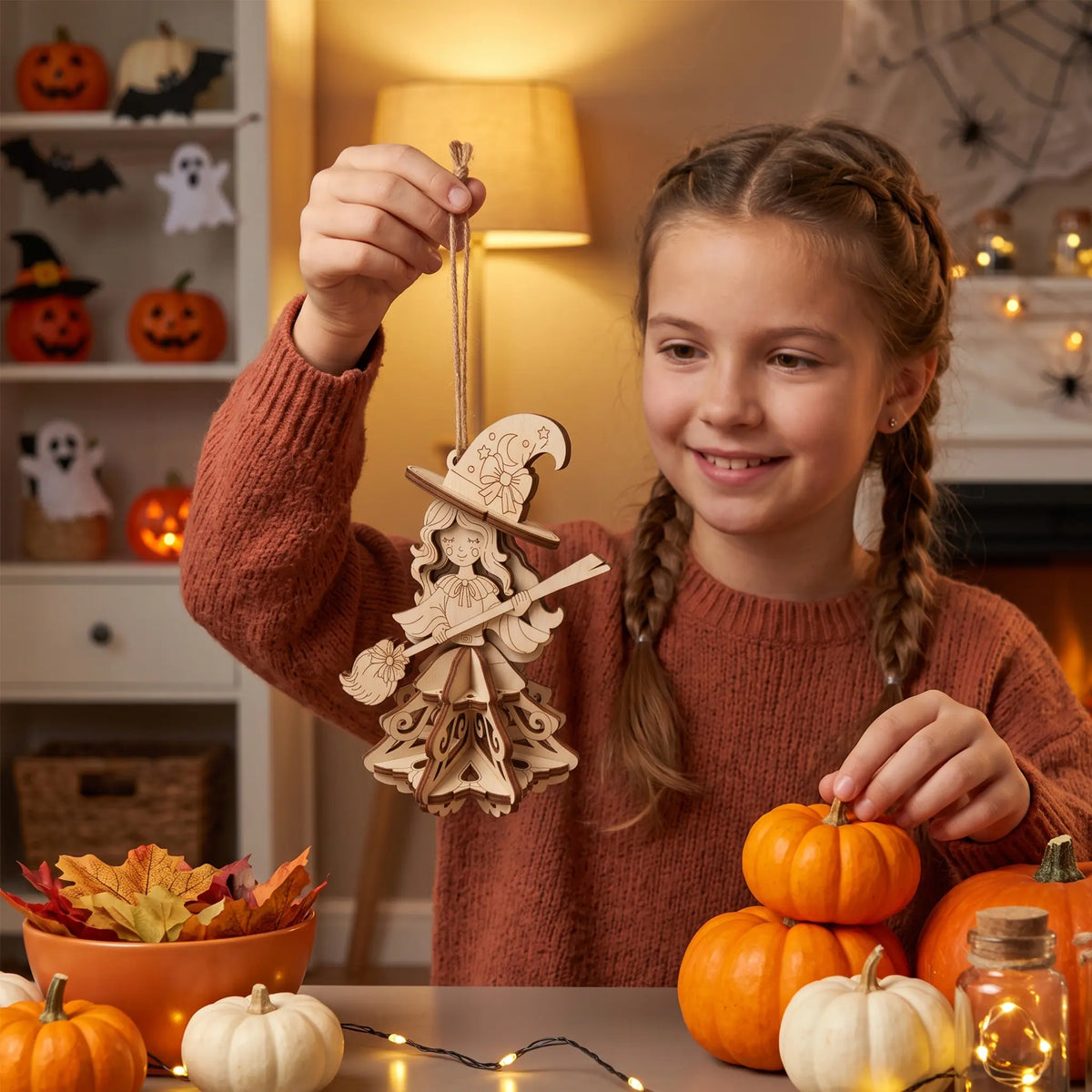 Smiling girl holding a laser cut plywood witch ornament by twine string above small orange pumpkins and autumn leaves.