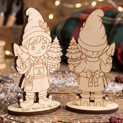Front and back view of unpainted laser cut plywood gardener elf Spruce holding small potted pine on wood.
