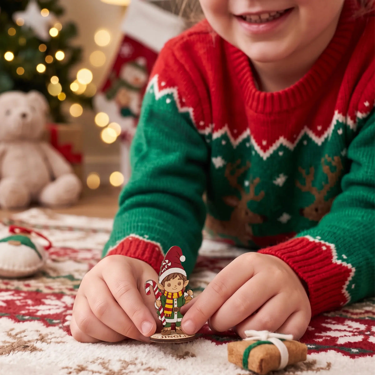 Child in holiday sweater playing with a painted laser cut plywood elf Jingle figurine on cozy carpet.