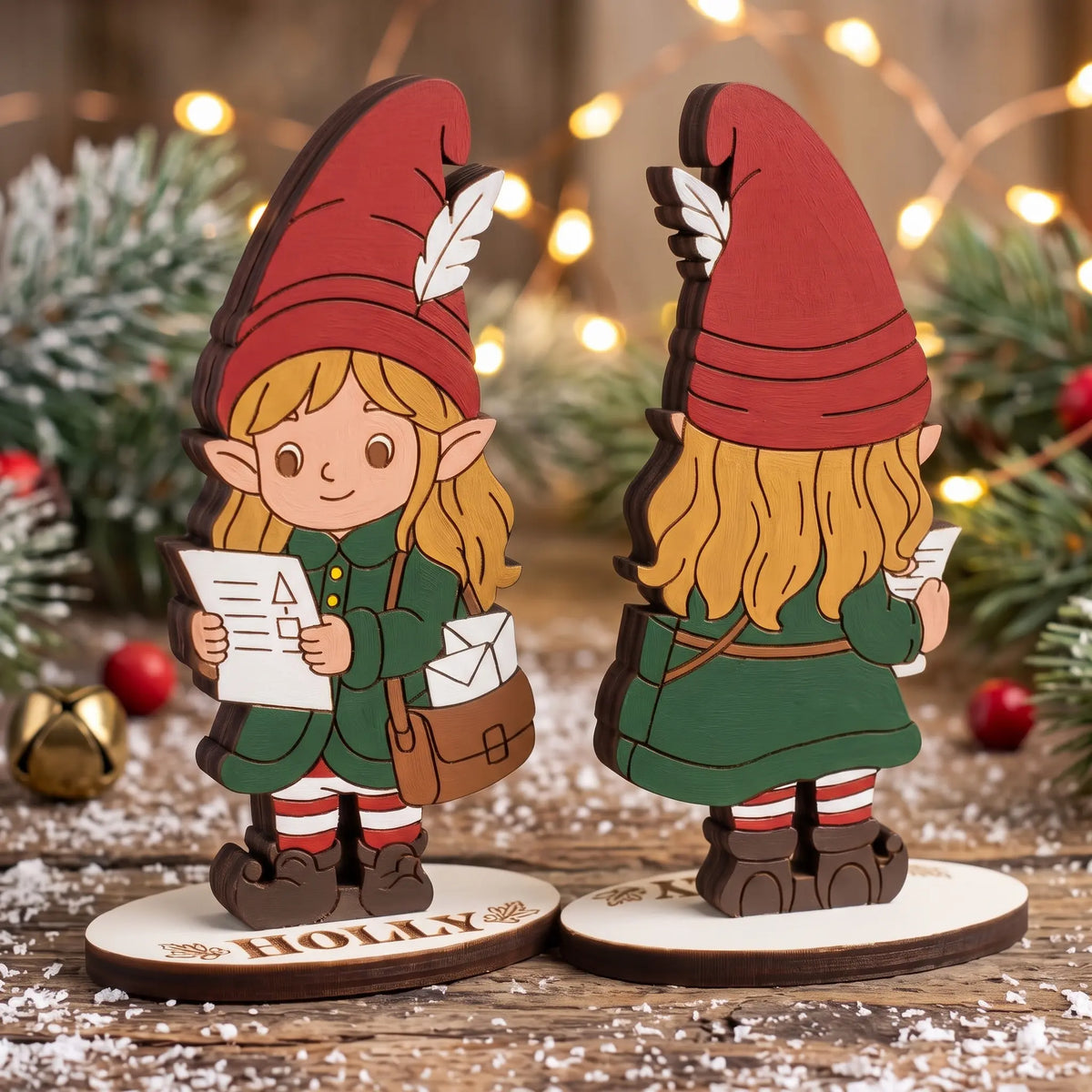 Front and back view of painted laser cut plywood post elf Holly holding letter on snowy rustic surface.