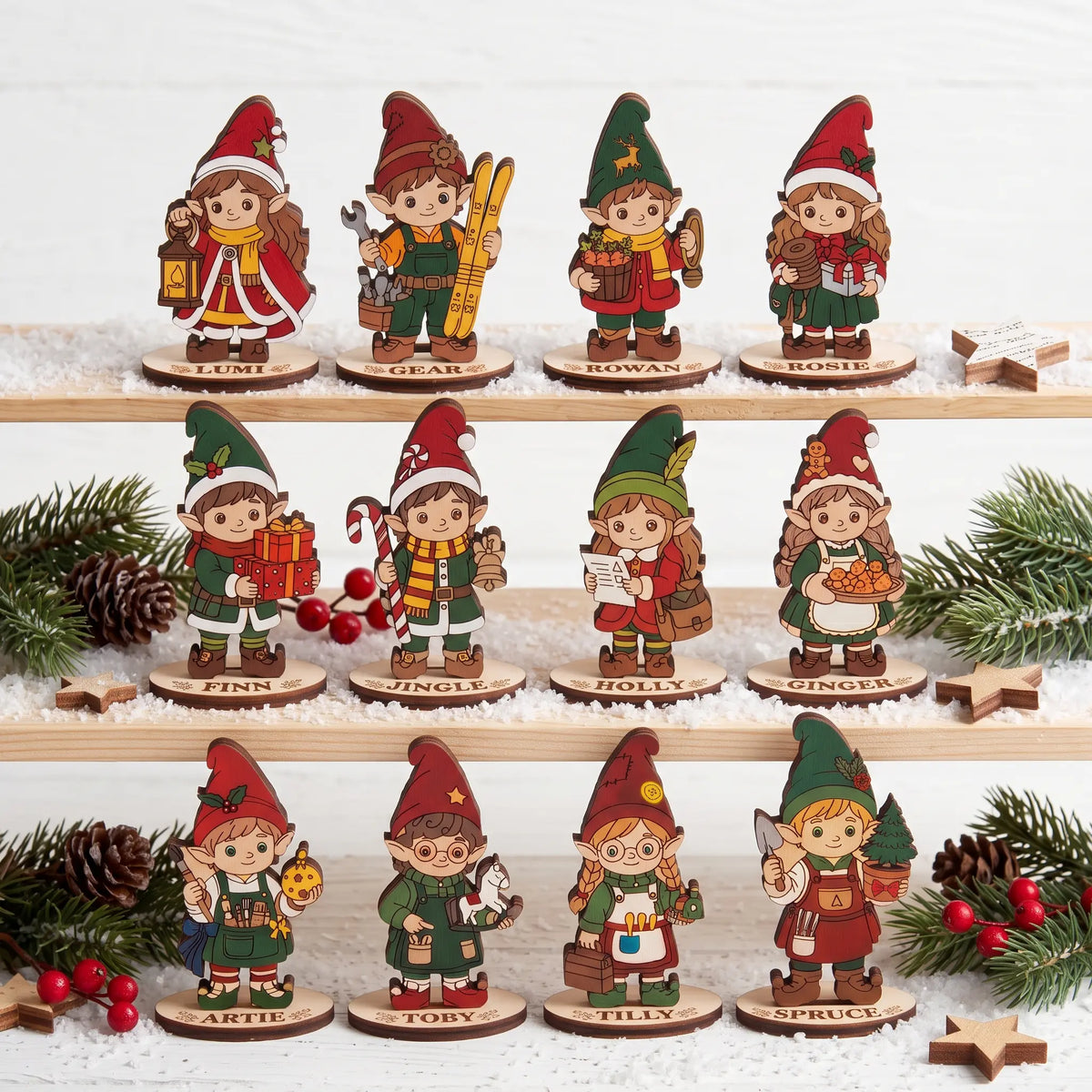 Set of 12 personalized wooden laser cut Christmas elf figurines on wooden bases, arranged on three shelves decorated with pine branches, pinecones, and red berries.