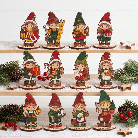 Set of 12 personalized wooden laser cut Christmas elf figurines on wooden bases, arranged on three shelves decorated with pine branches, pinecones, and red berries.