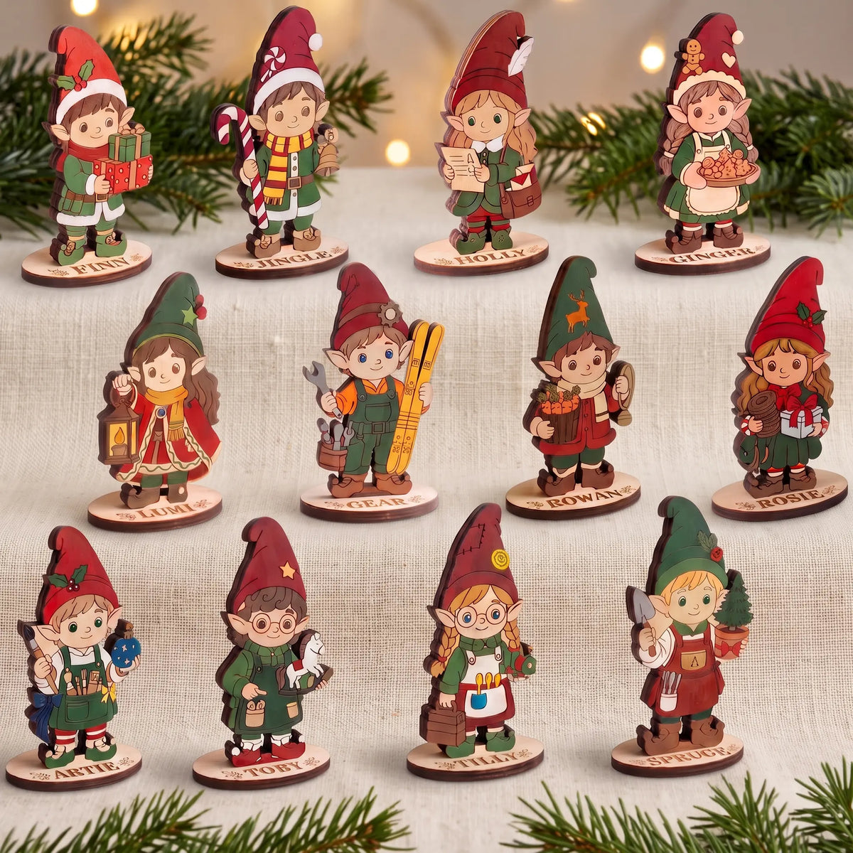 Set of 12 painted laser cut plywood standing elves with personalized name bases on festive background.