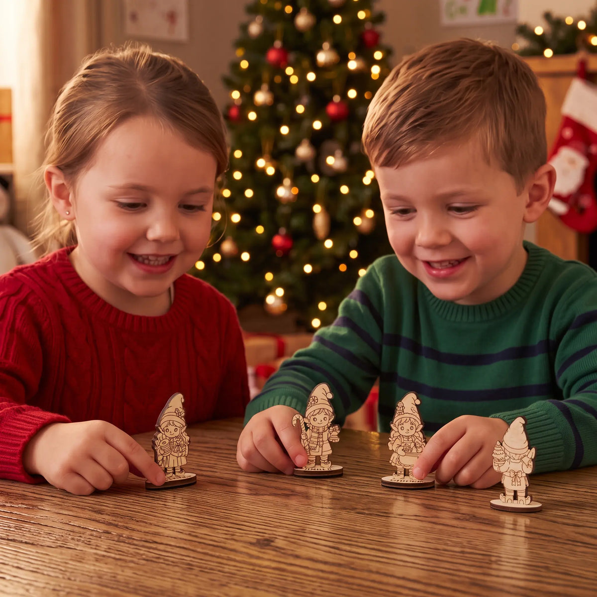 Two smiling children playing with laser cut plywood elf figurines on wooden table near Christmas tree.