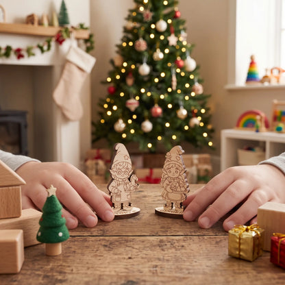 Child hands holding unpainted laser cut plywood elf figurines Toby and Ginger on wooden table by tree.