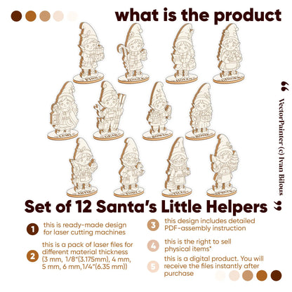 Product overview infographic detailing digital files to make 12 standing laser cut plywood holiday elves.