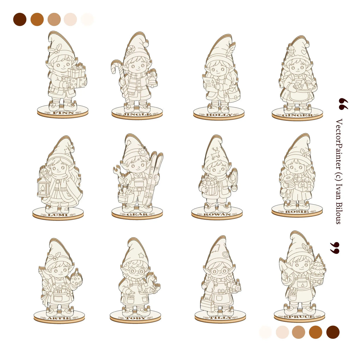 Front line-art view of 12 laser cut plywood Christmas elf characters with name tags on white backdrop.