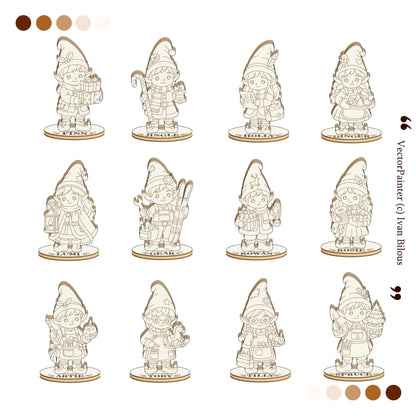 Front line-art view of 12 laser cut plywood Christmas elf characters with name tags on white backdrop.