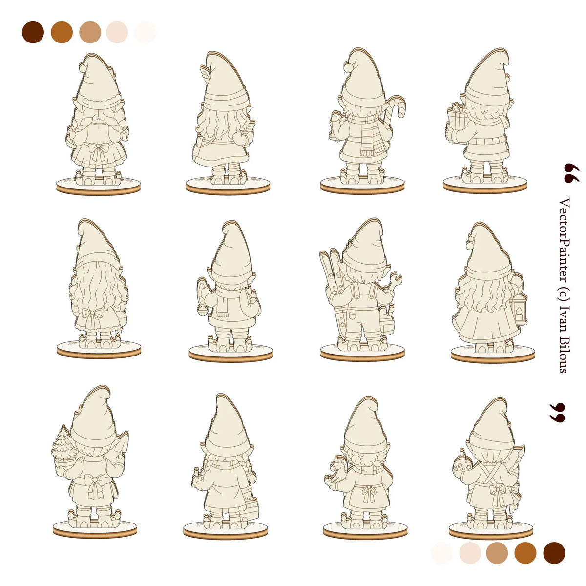 Back view preview of 12 laser cut plywood standing Christmas elf figurines on stands on plain white.