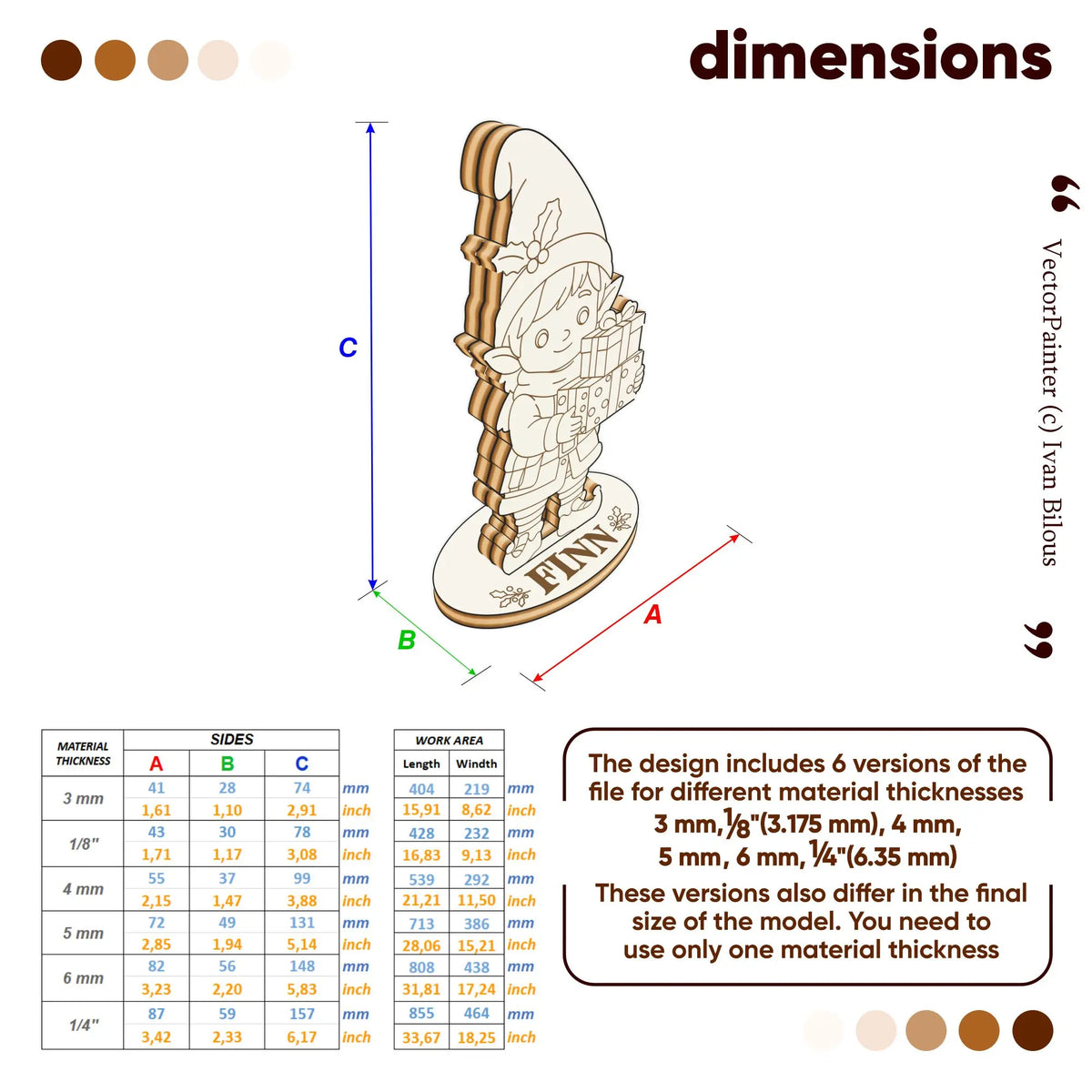 Dimensions diagram and material thickness guide for assembling Finn the laser cut plywood elf figure.