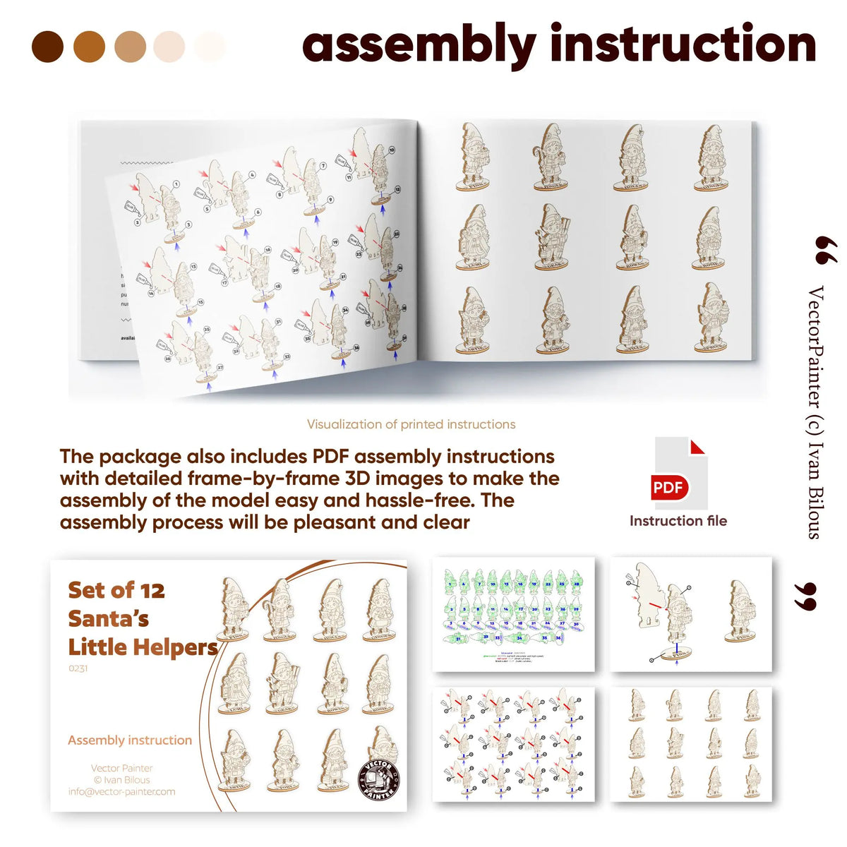 Infographic of PDF assembly instructions for multi-layer laser cut plywood Santa little helper elves.