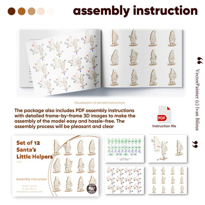 Infographic of PDF assembly instructions for multi-layer laser cut plywood Santa little helper elves.