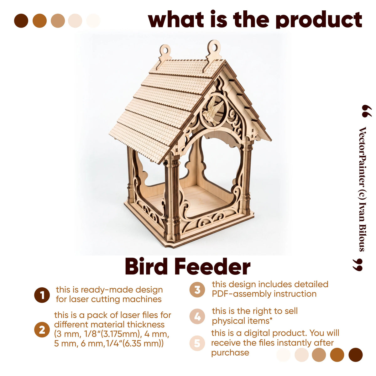 Infographic presenting laser cut plywood hanging gazebo bird feeder features, assembly guide, and file formats