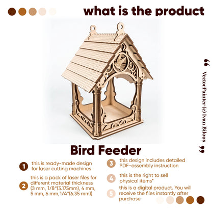 Infographic presenting laser cut plywood hanging gazebo bird feeder features, assembly guide, and file formats