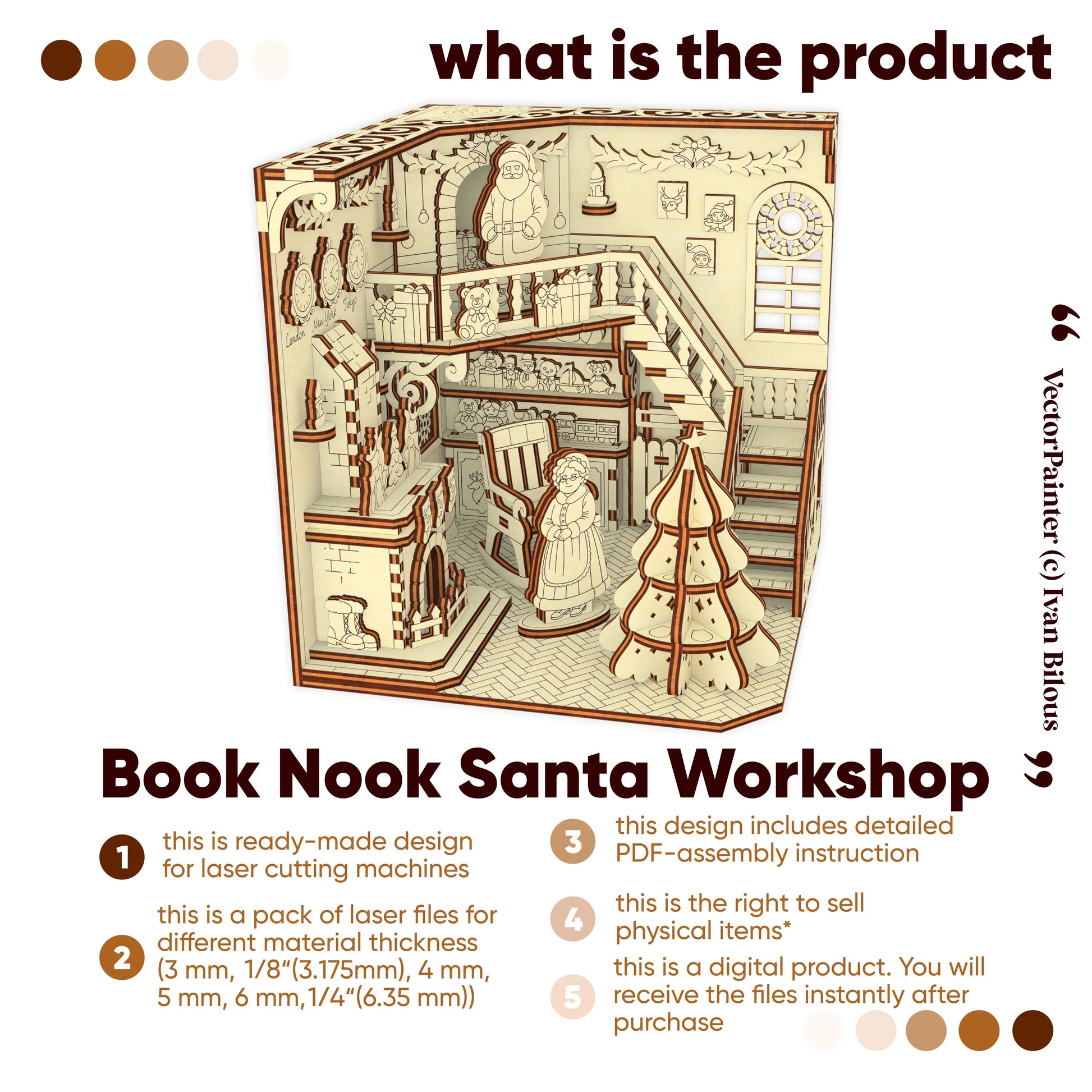 Product packaging for 'Book Nook Santa Workshop' with detailed illustration of a workshop scene.
