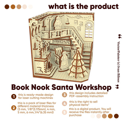 Product packaging for 'Book Nook Santa Workshop' with detailed illustration of a workshop scene.