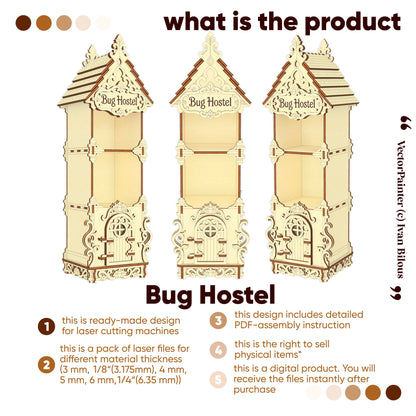 Three views of a decorative laser-cut plywood Bug Hostel model. This digital product includes assembly instructions.