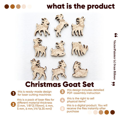 Product overview infographic for laser cut plywood Christmas goat ornaments set vector files with commercial license terms.