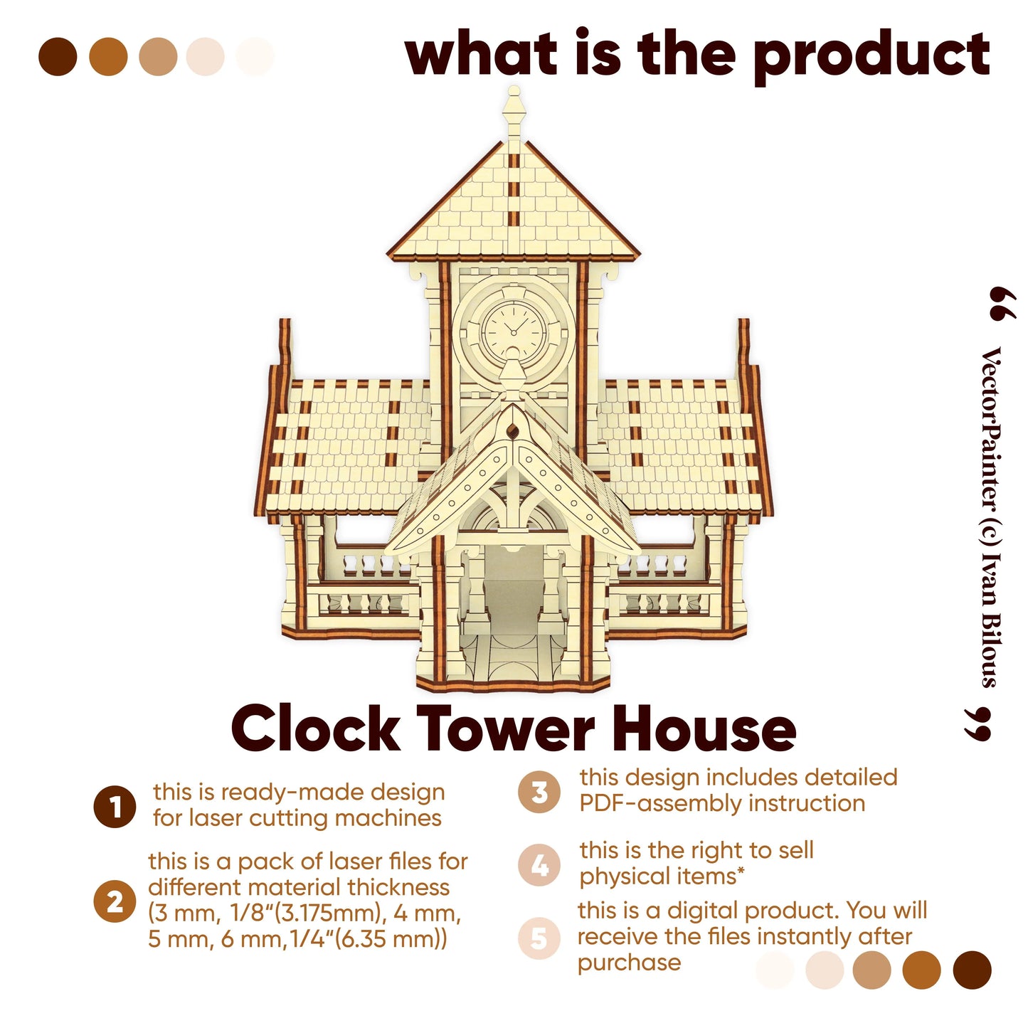 Product feature card for a miniature vintage town clock tower house vector template made for laser cut plywood crafts
