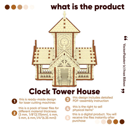 Product feature card for a miniature vintage town clock tower house vector template made for laser cut plywood crafts