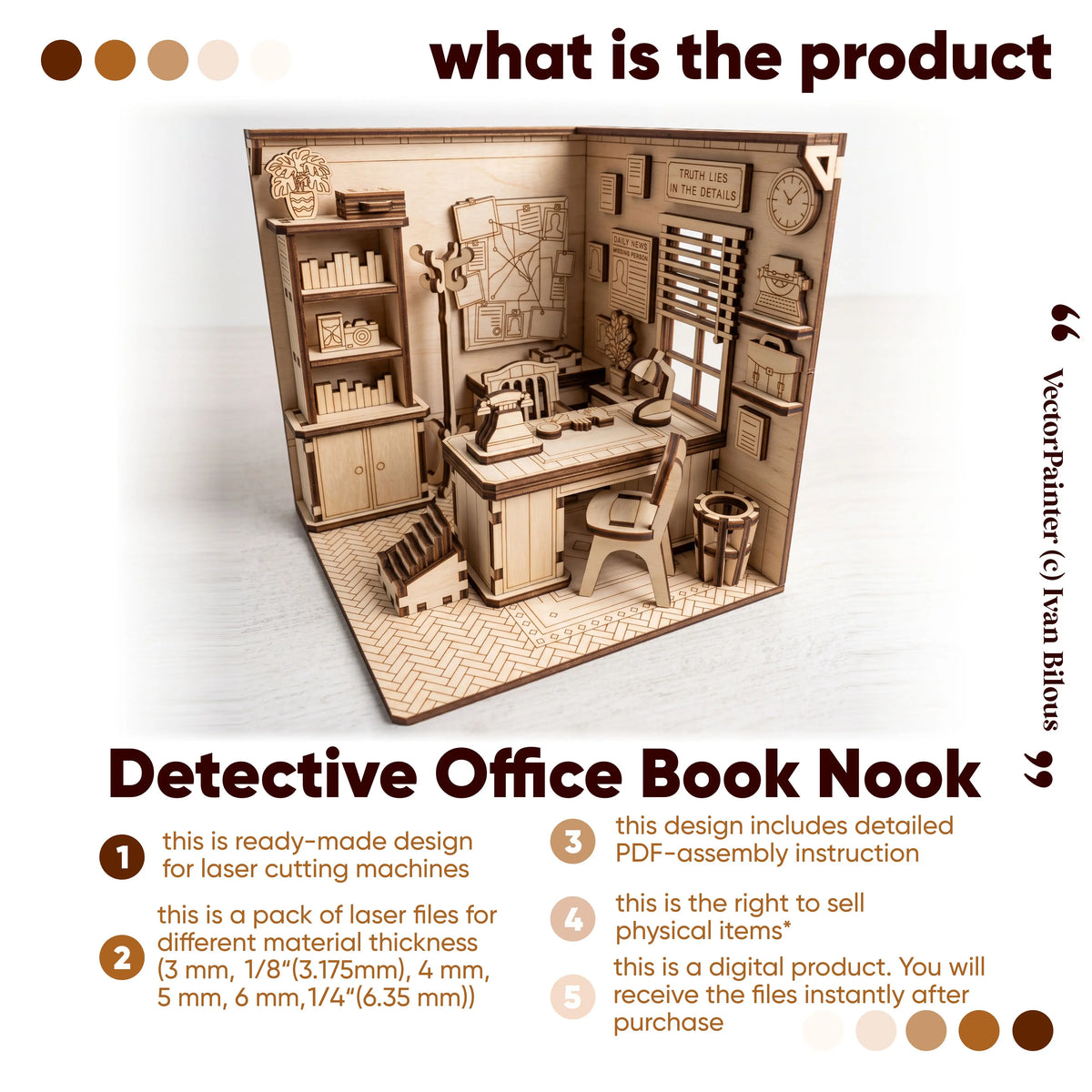 Product overview infographic for laser cut plywood detective office book nook vector files with commercial license details.