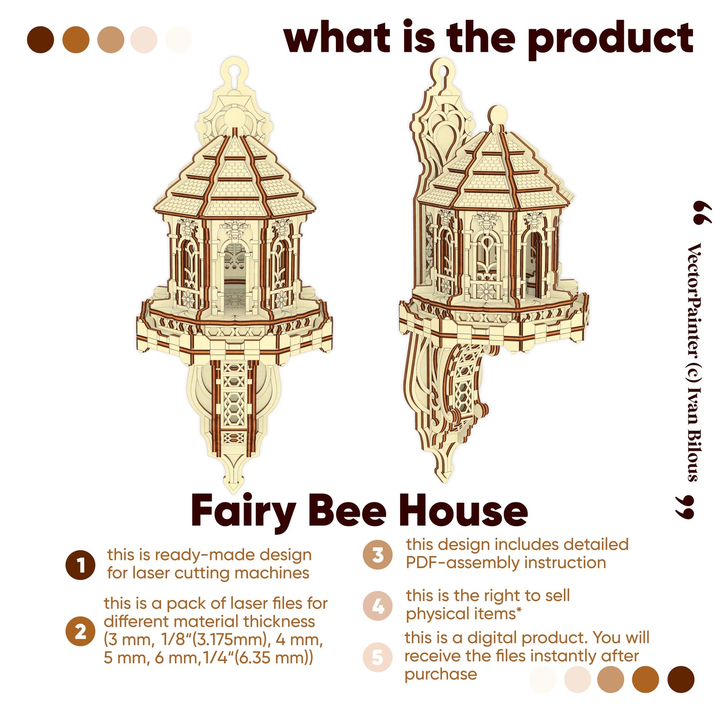 Explanatory digital infographic showing the front and side view of a laser cut plywood fairy bee house with a wall mount