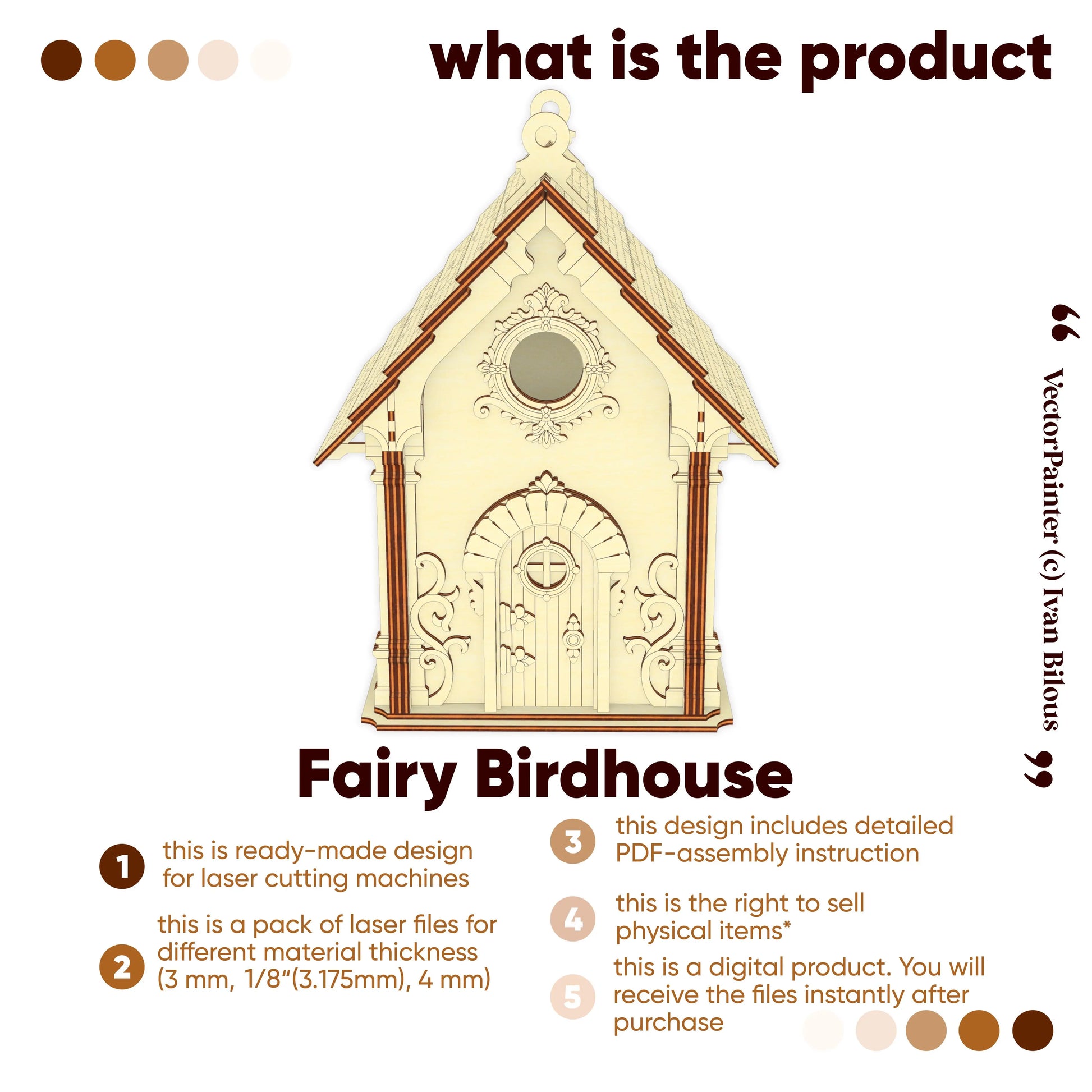 Product overview of a laser cut plywood fairy birdhouse design. Includes digital files and commercial rights.