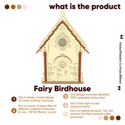 Product overview of a laser cut plywood fairy birdhouse design. Includes digital files and commercial rights.