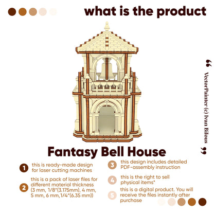 Product feature card for a miniature Gothic fantasy bell house vector template designed for laser cut plywood crafts.