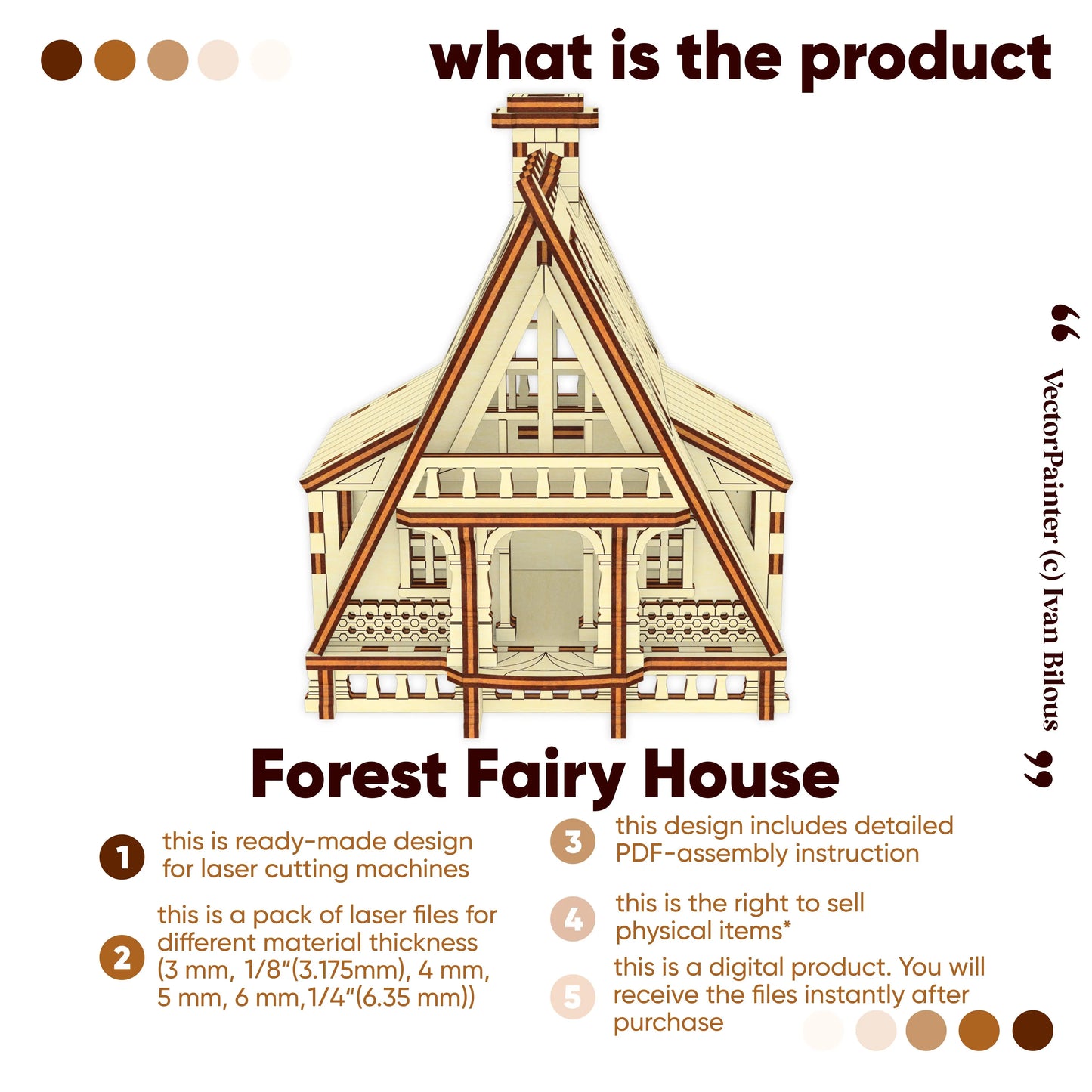 Product feature card for a miniature forest fairy house cottage vector template designed for laser cut plywood crafts.