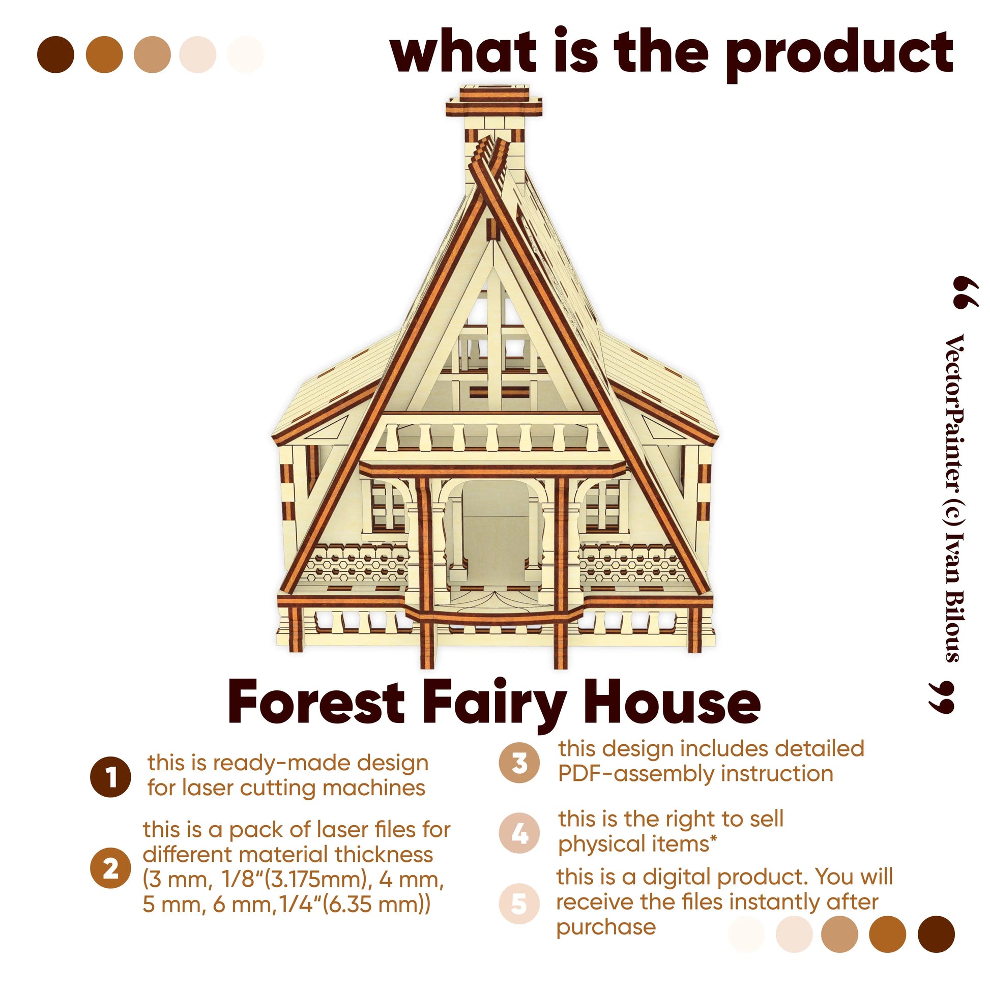Product feature card for a miniature forest fairy house cottage vector template designed for laser cut plywood crafts.